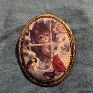 Vintage Cat and Birds Brooch